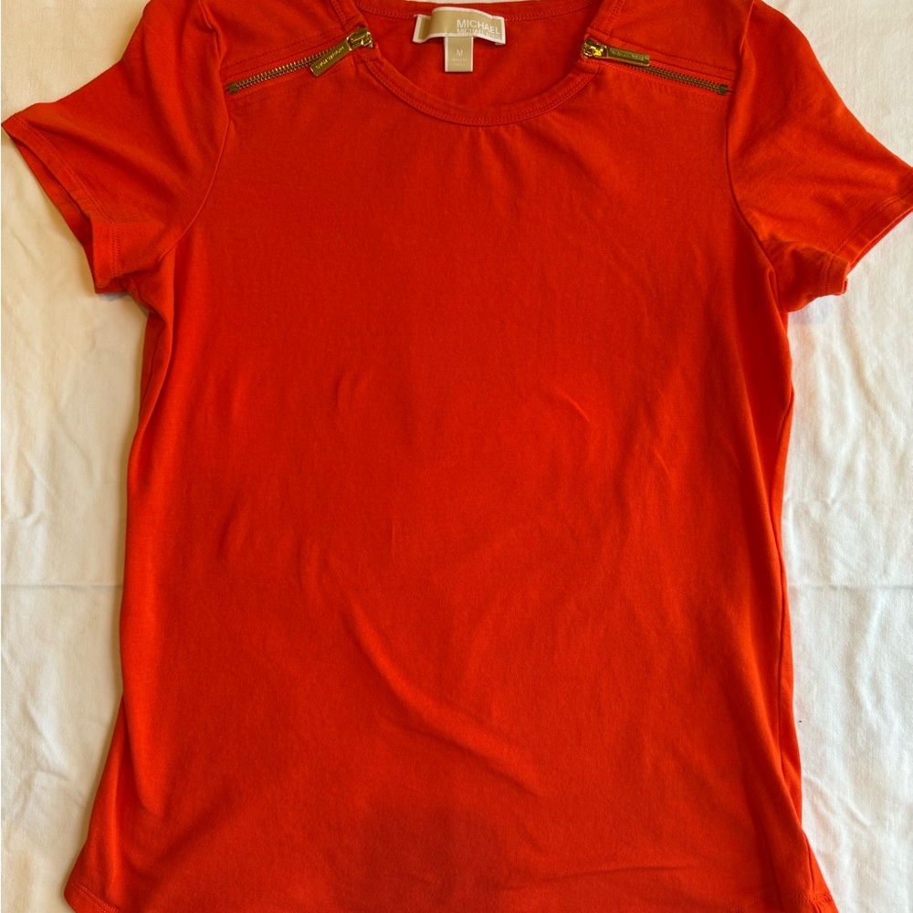Michael Kors Vibrant Red Short Sleeve Top with zipper detail